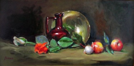 Still Life with Four Reds, oil on canvas, 12" x 24," sold.