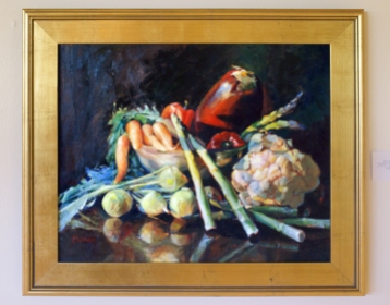 Still Life with Vegetables, oil on canvas, 18" 24". Sold.